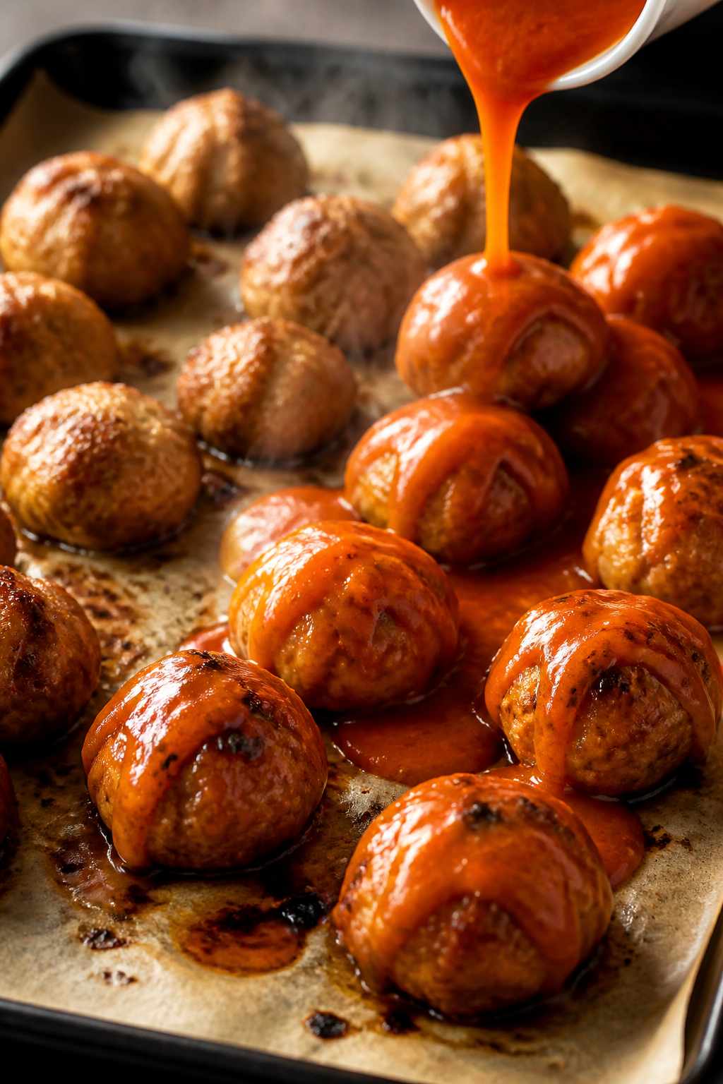 Cooking process close-up: Golden-browned baked turkey meatballs just out of the oven on a parchment-
