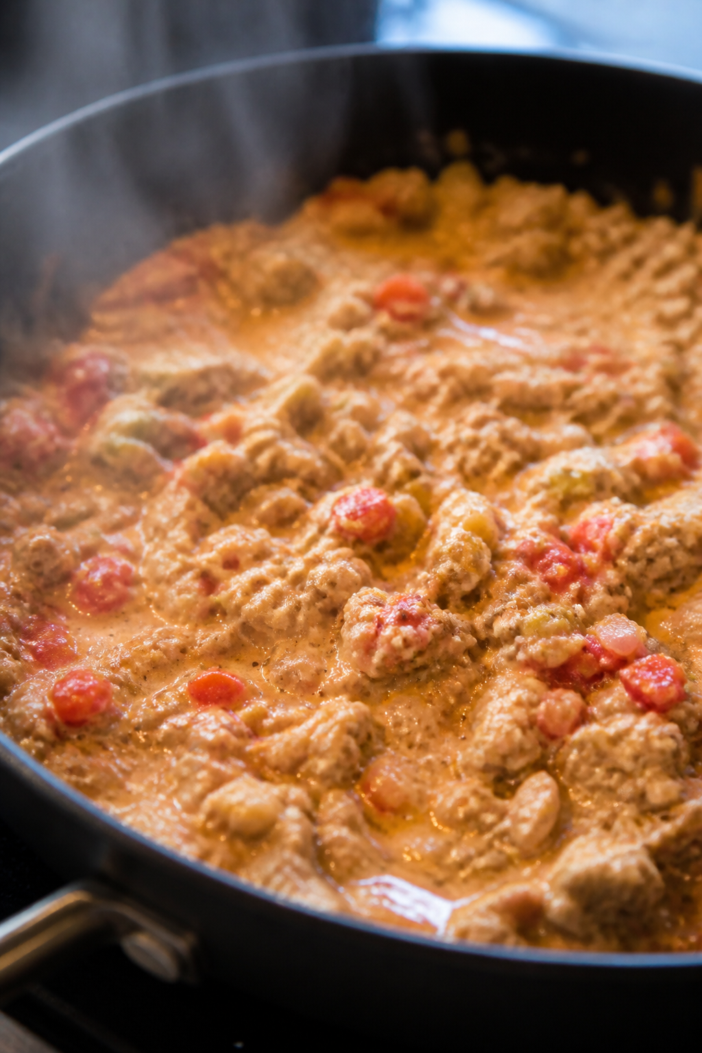 Cooking process close-up: Ground turkey and cauliflower rice simmering together in a wide black skil