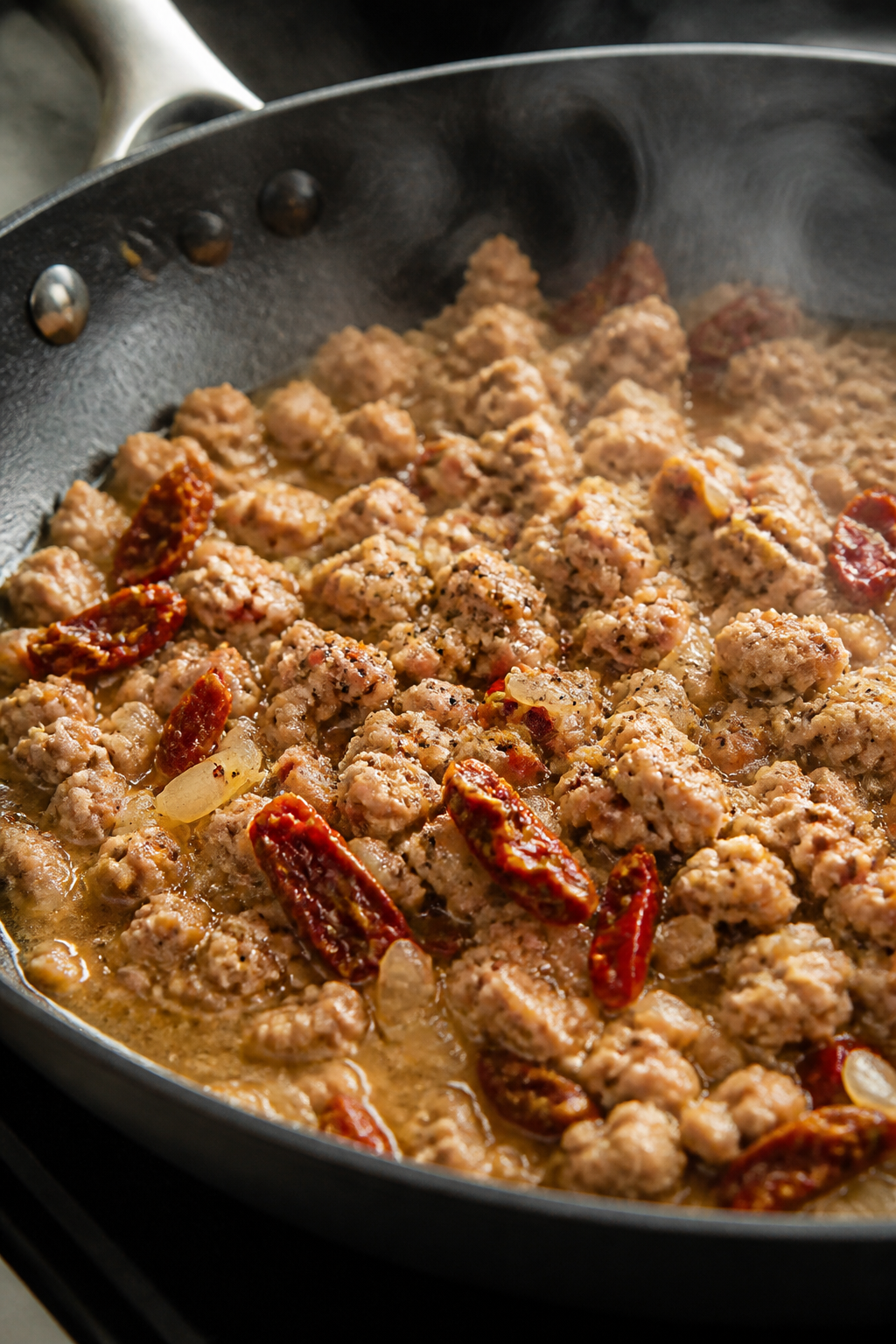 Cooking process close-up: Ground turkey browning in a wide, black skillet with translucent sautéed 