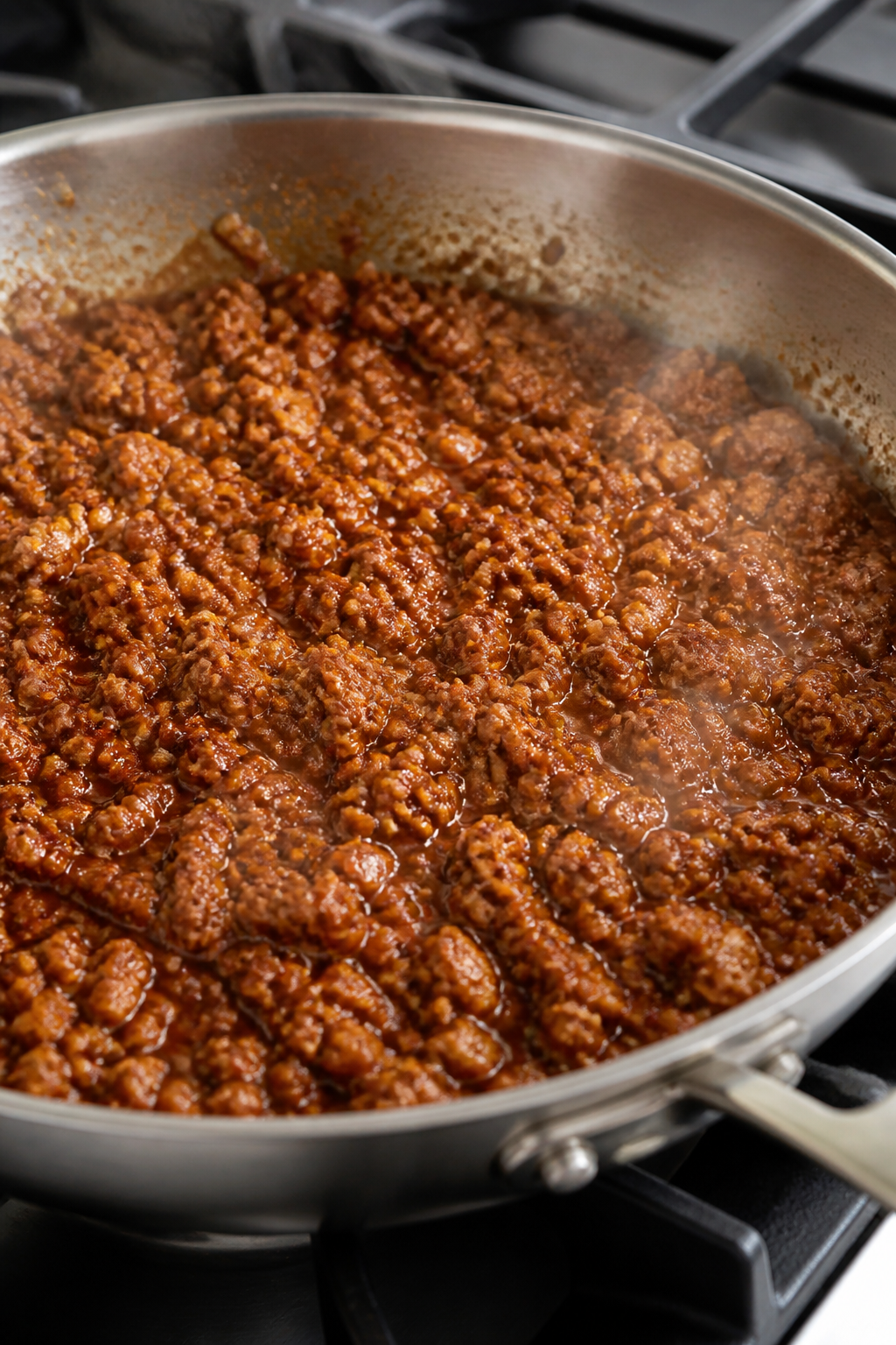 Cooking process close-up: Ground turkey browning in a wide stainless skillet, coated in a glossy sri