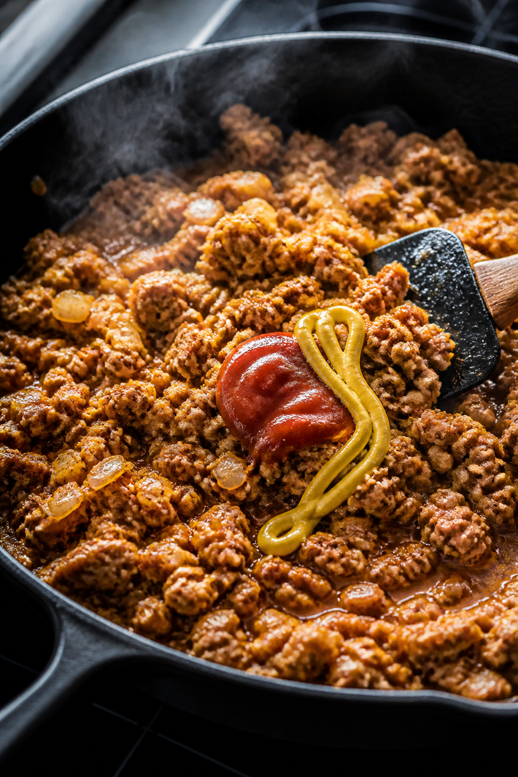 Cooking process close-up: Ground turkey browning in a skillet with sautéed golden onions and garlic