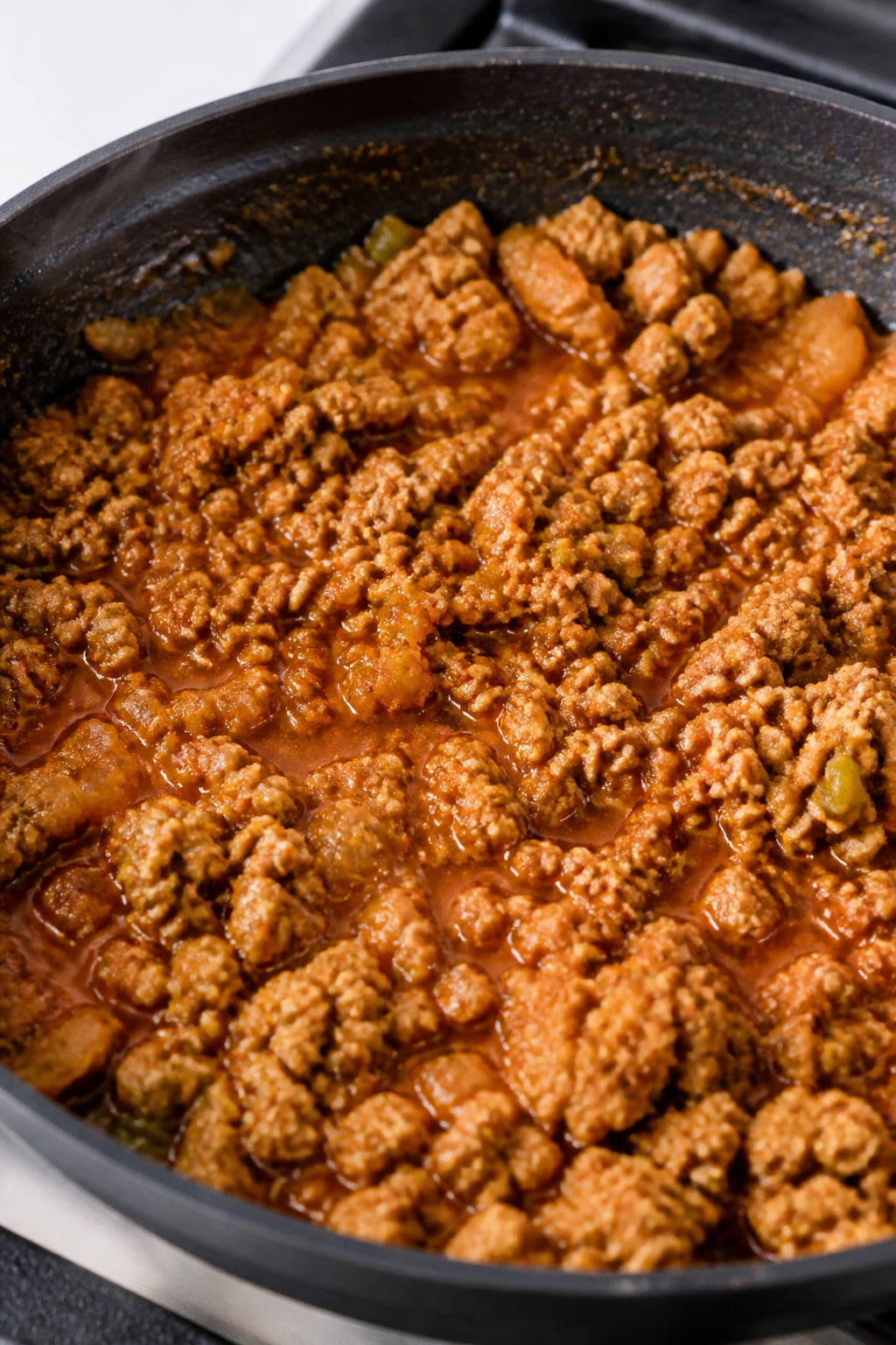 Cooking process close-up: Ground turkey browning in a large skillet with sautéed diced onion and ja