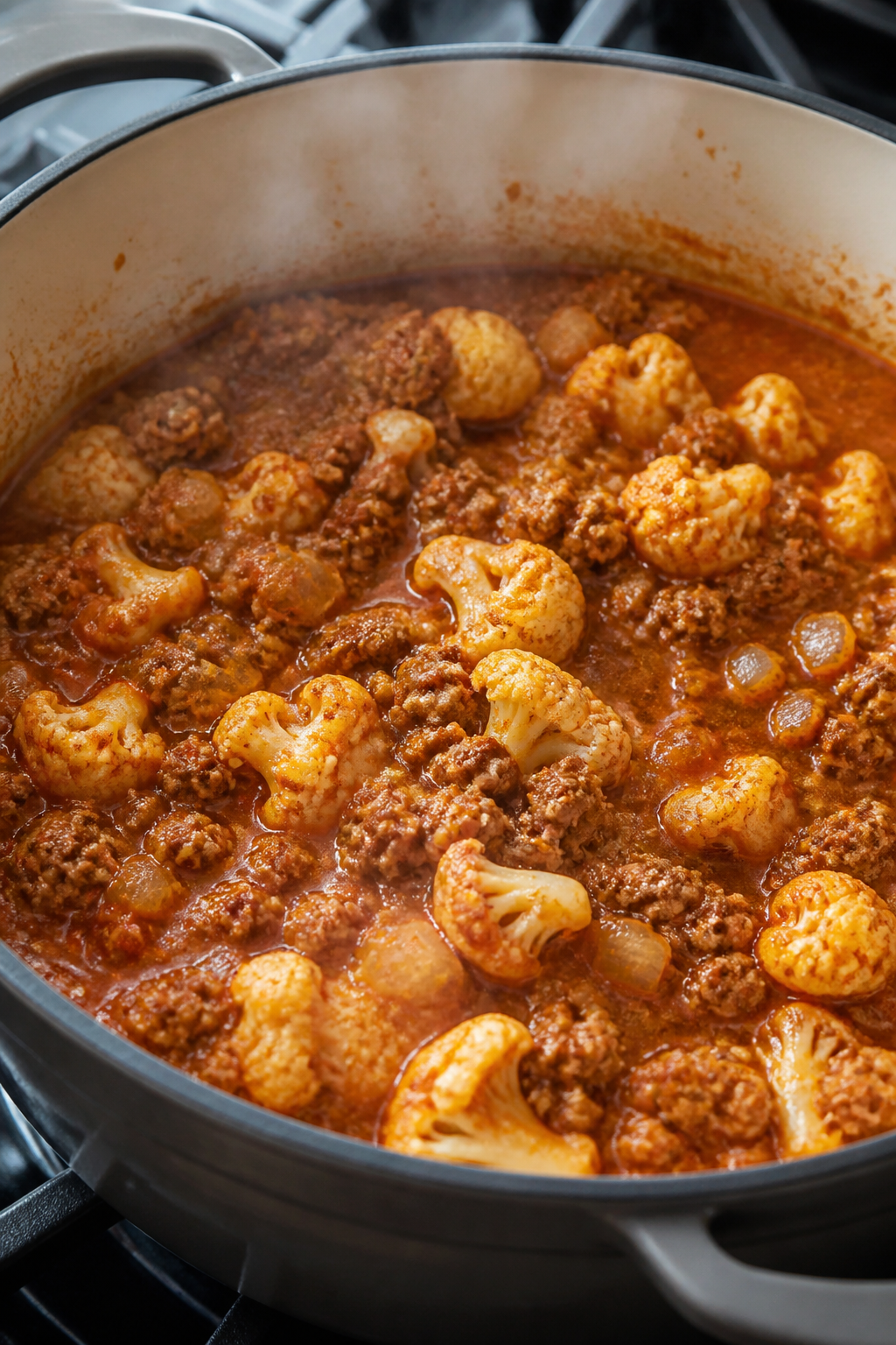 Cooking process close-up: Ground turkey browning in a Dutch oven with diced onion and minced garlic,