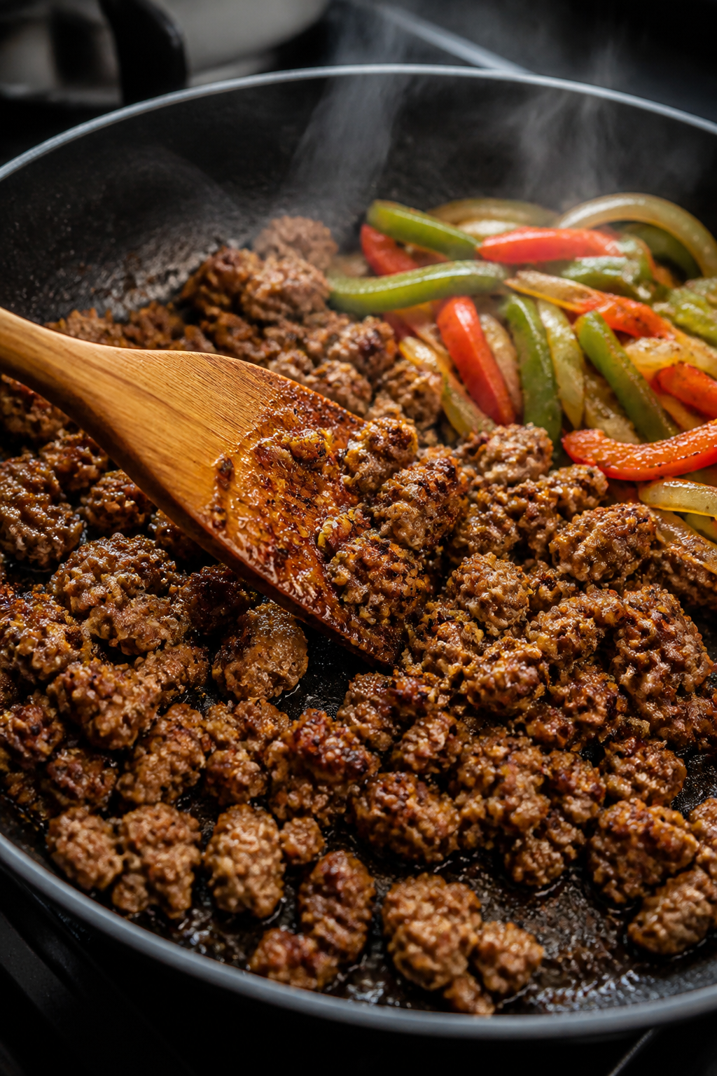 Cooking process close-up: Ground turkey browning in a large black skillet with caramelized edges, sc