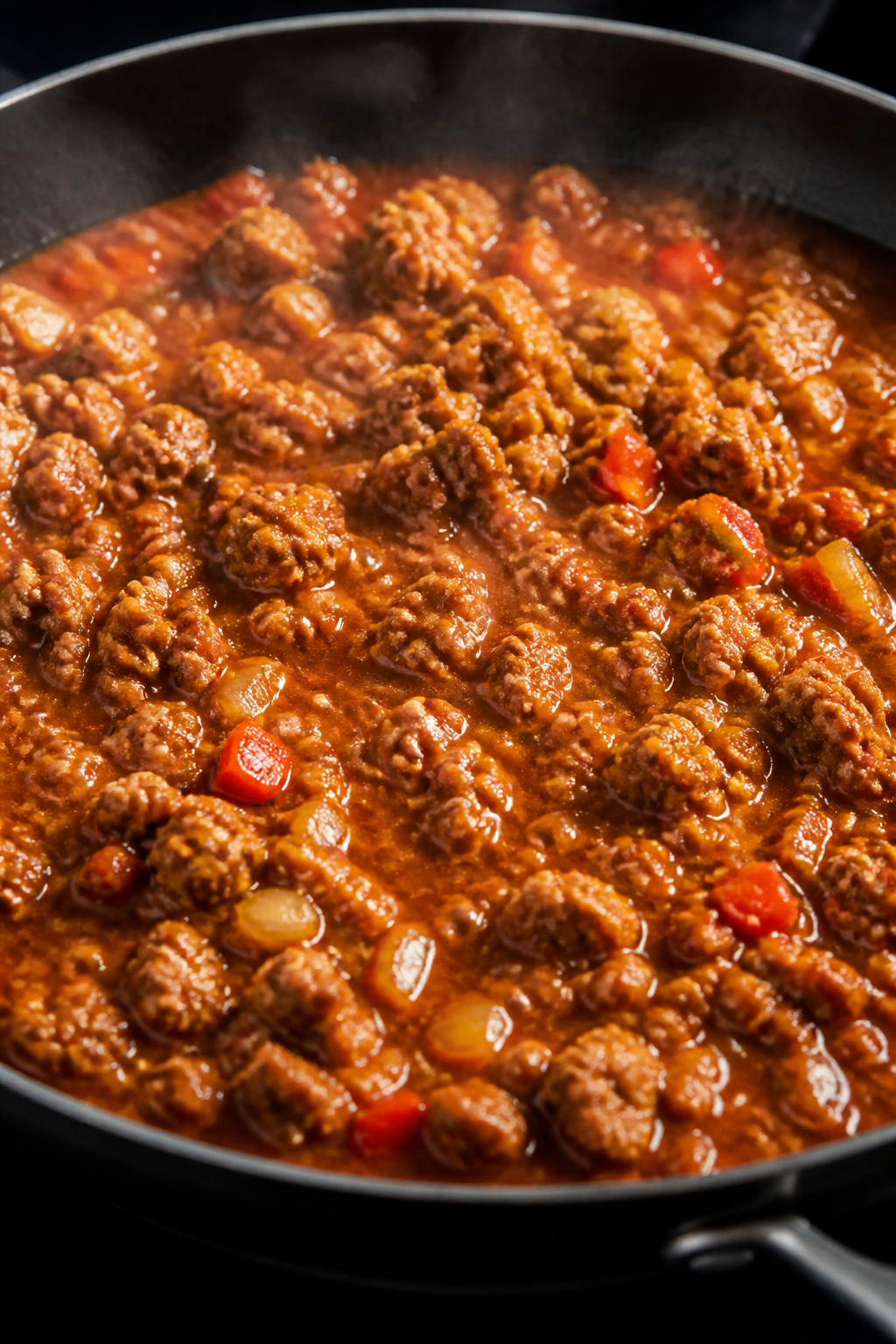 Cooking process close-up: Ground turkey enchilada filling simmering in a wide skillet, showing crumb