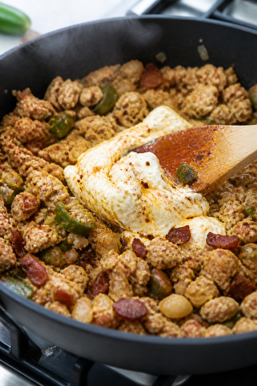 Cooking process close-up: Ground Turkey Jalapeño Popper Skillet mid-cook in a large black skillet o