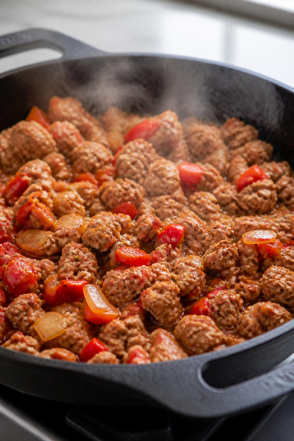 Cooking process, close-up: Ground turkey, onions, and red bell peppers sizzling in a large cast-iron