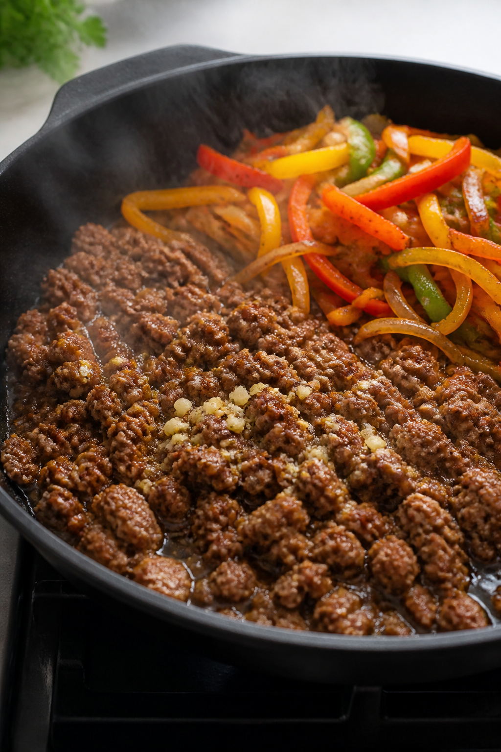 Cooking process close-up: Ground turkey sizzling in a large skillet after deglazing, browned crumble