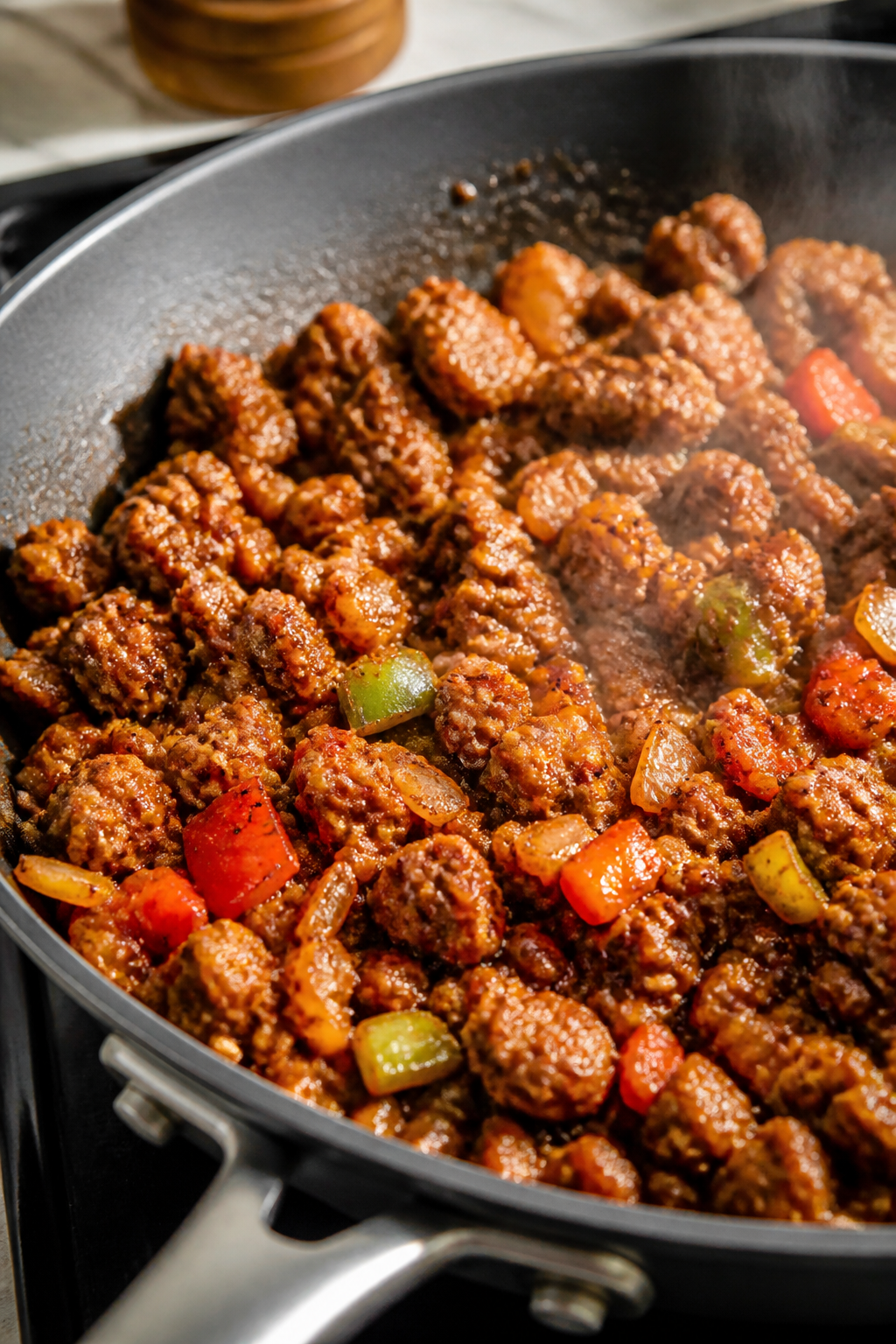 Cooking process close-up: Ground turkey sizzling in a large skillet, deeply browned with crispy edge