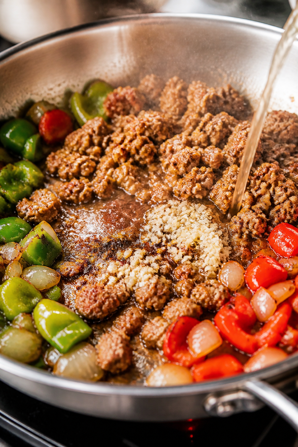 Cooking process close-up: Ground turkey sizzling in a wide stainless skillet with sautéed onions, g