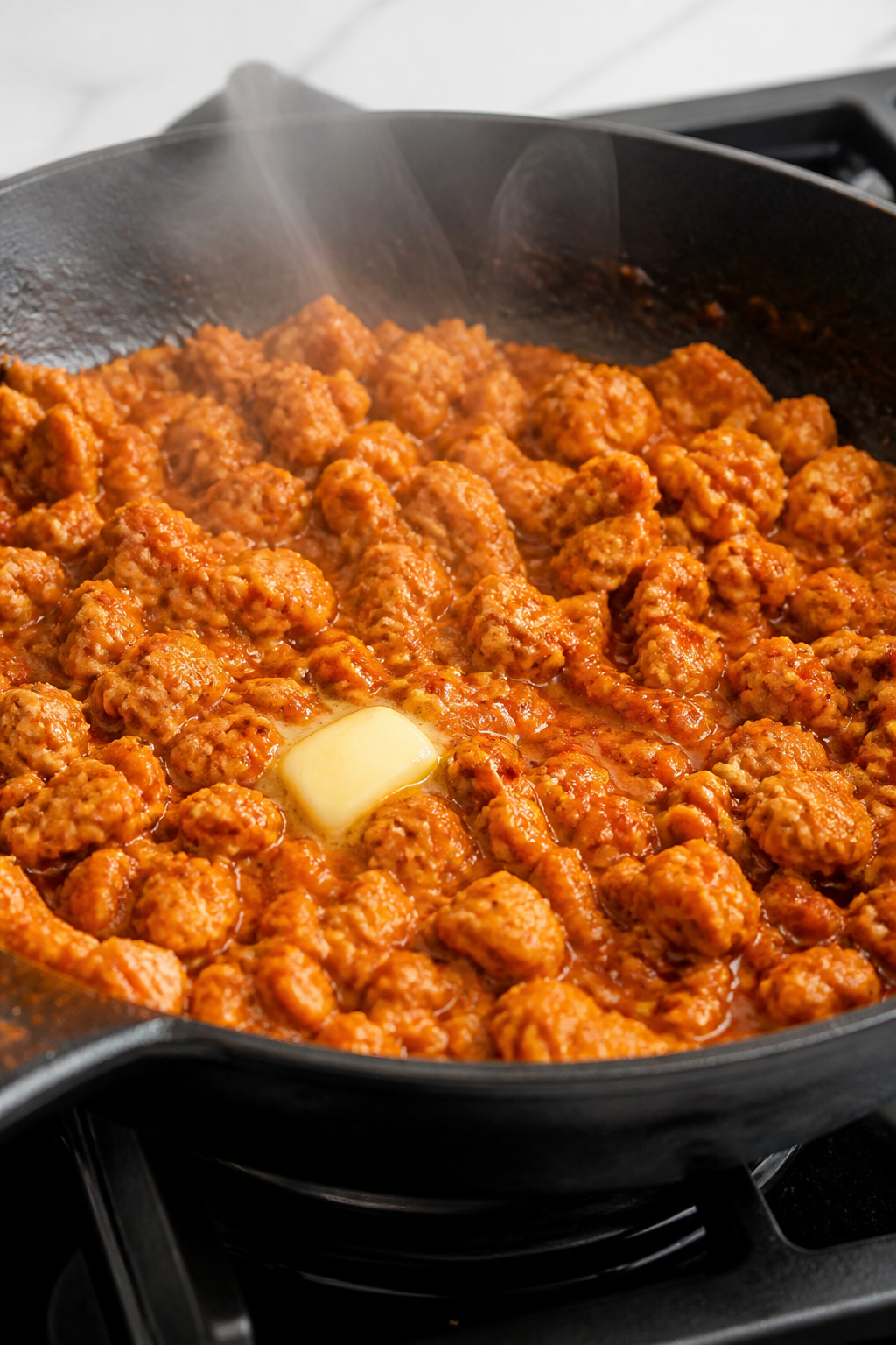 Cooking process close-up: Ground turkey sizzling in a wide skillet, lightly browned in spots with gl