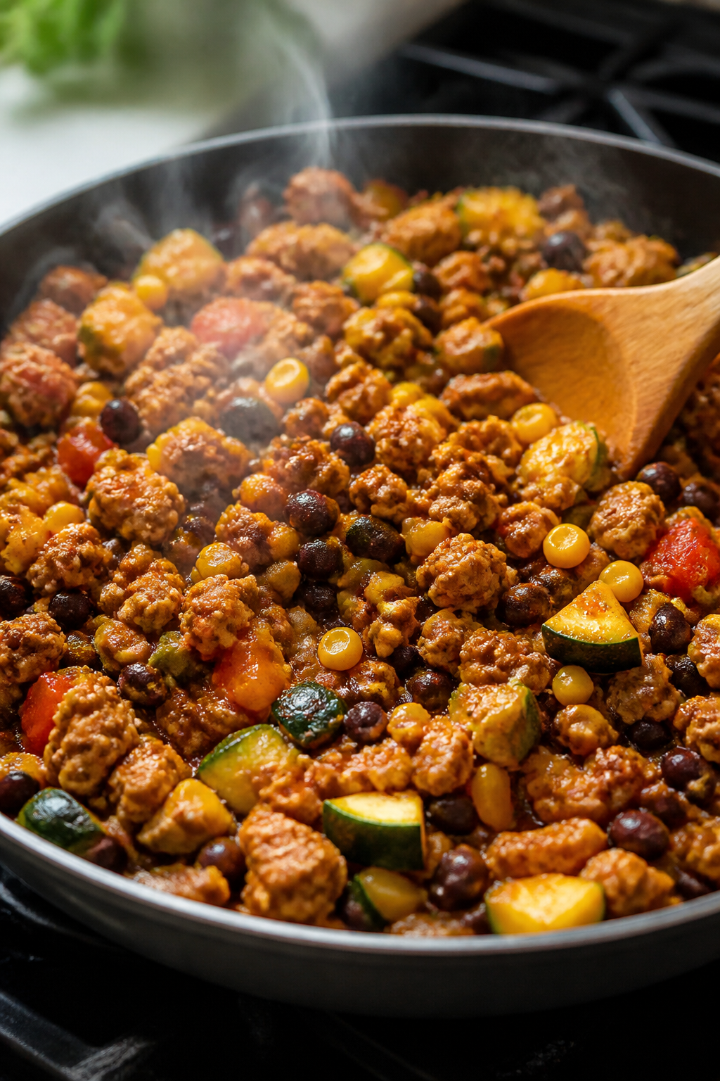 Cooking process close-up: Ground turkey taco filling sizzling in a wide skillet, showing browned tur