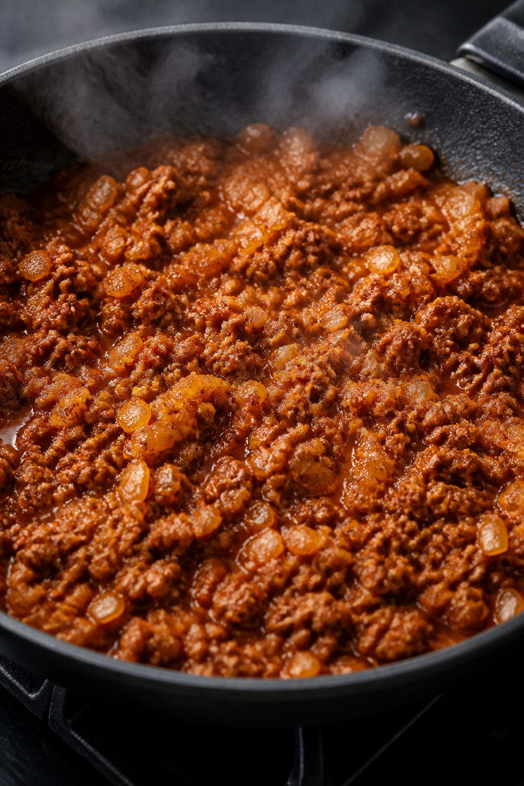 Cooking process close-up: Ground turkey taco filling sizzling in a black skillet, browned crumbled t