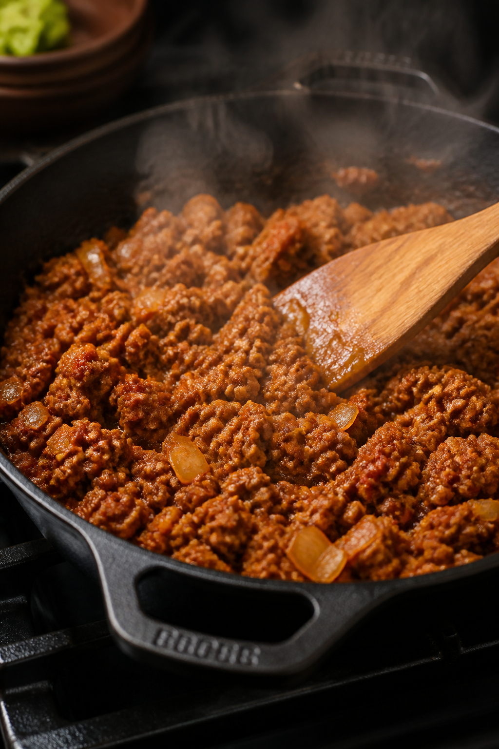 Cooking process close-up: Ground turkey taco filling sizzling in a cast-iron skillet, browned and sl