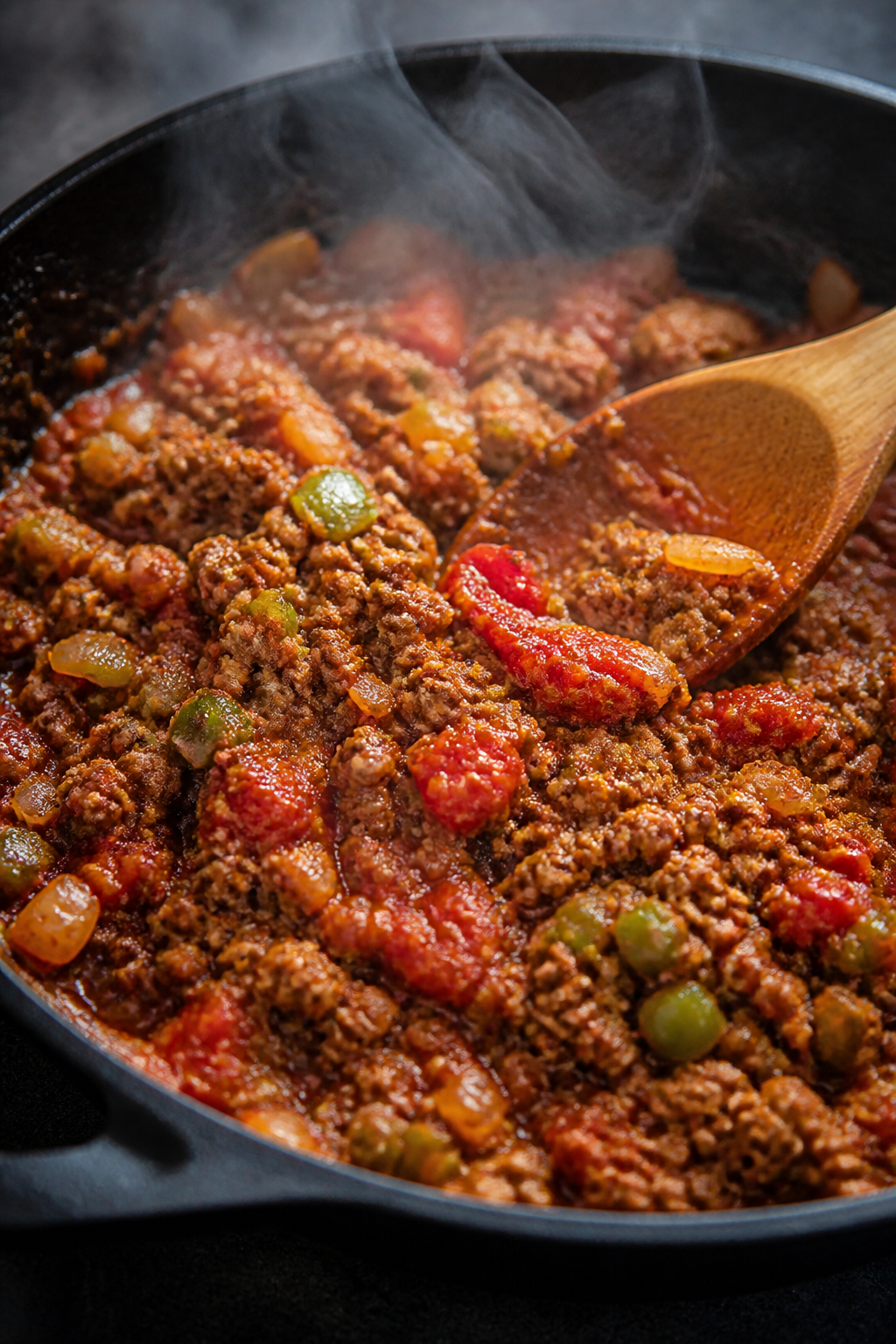Cooking process close-up: Ground turkey taco mixture sizzling in a wide cast-iron skillet, turkey br
