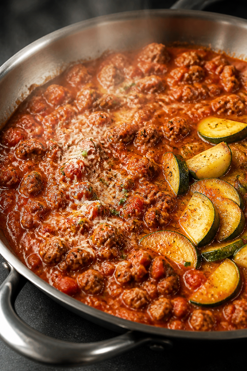 Cooking process close-up: In a stainless skillet, browned ground turkey simmering in a thick, brick-