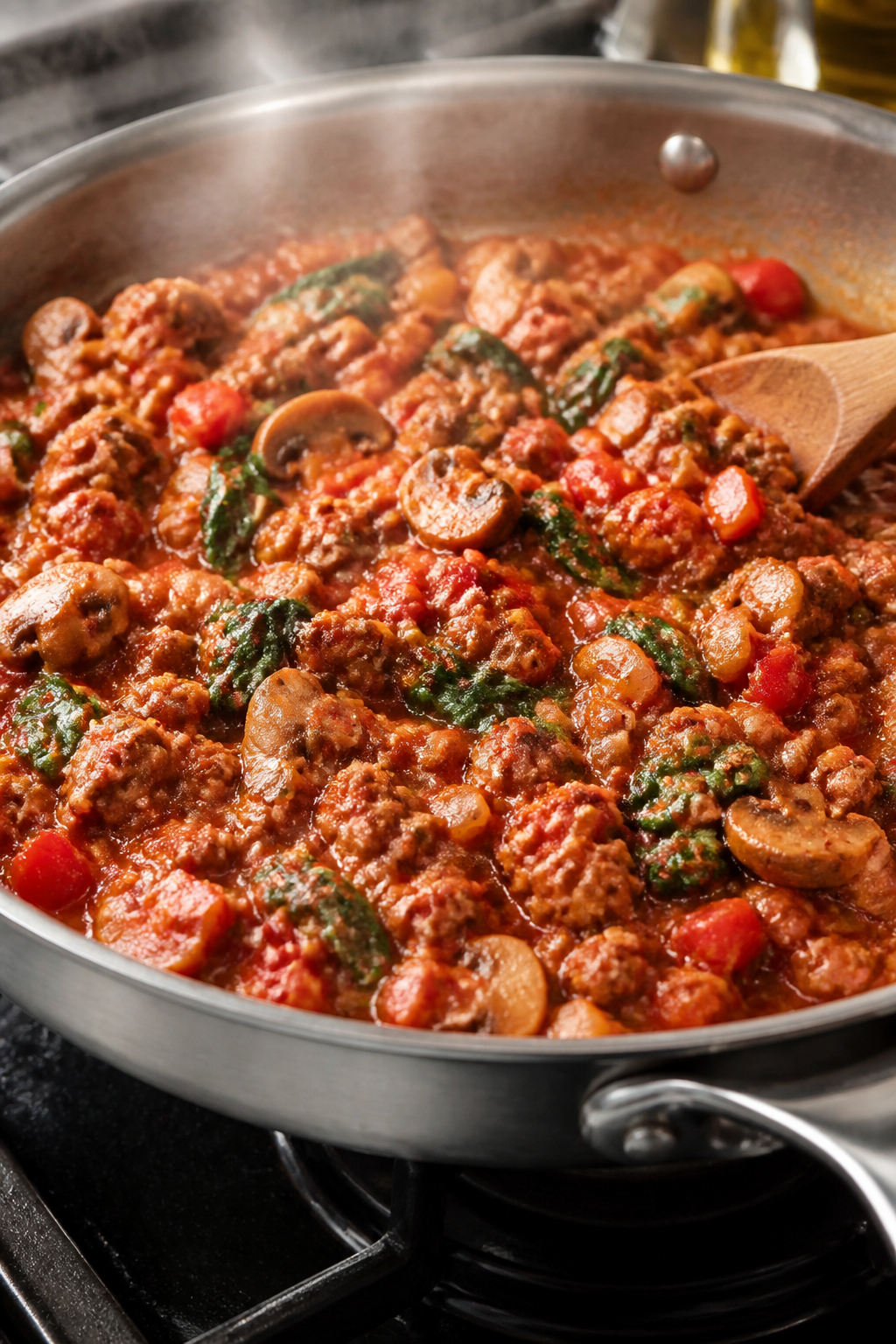 Cooking process close-up: In a stainless-steel skillet, browned ground turkey mingling with sautéed