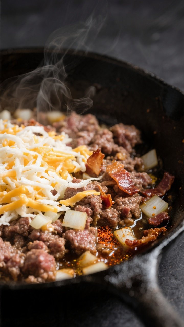 Cooking process close-up: Juicy ground beef browning in a black cast-iron skillet with softened dice