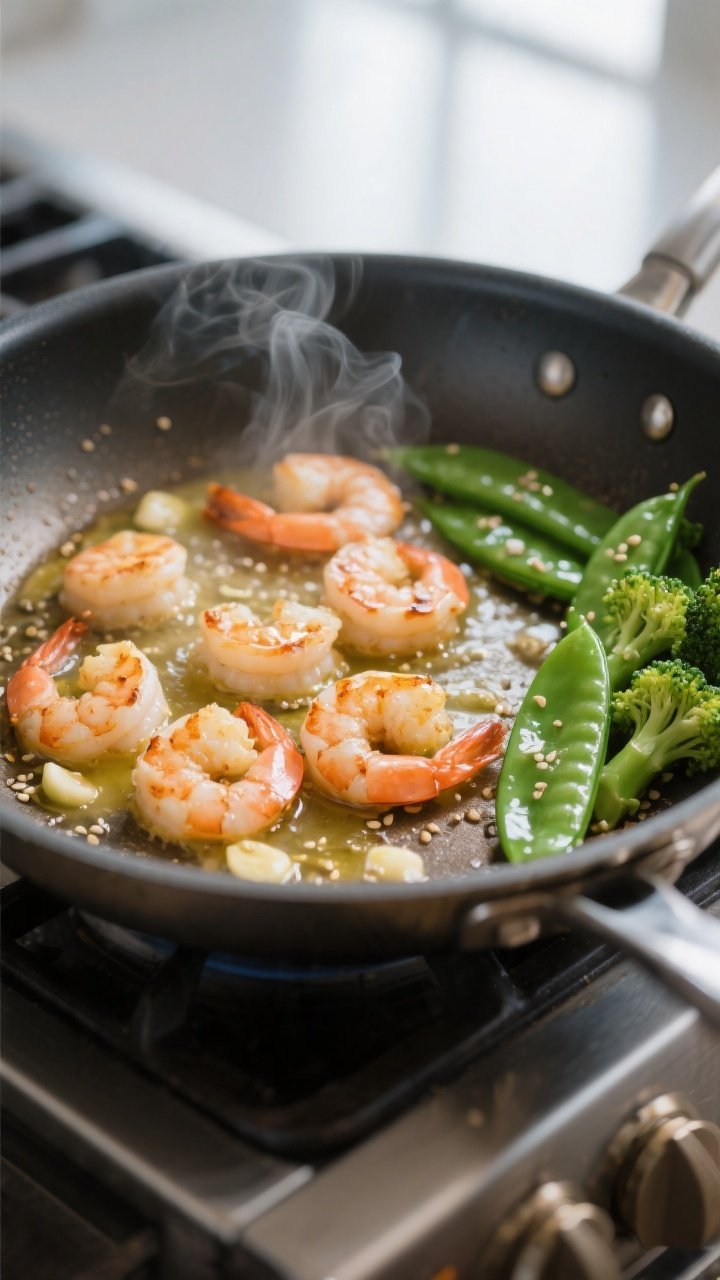 Cooking process, close-up: Juicy shrimp searing in a large stainless skillet with glossy garlic-ging