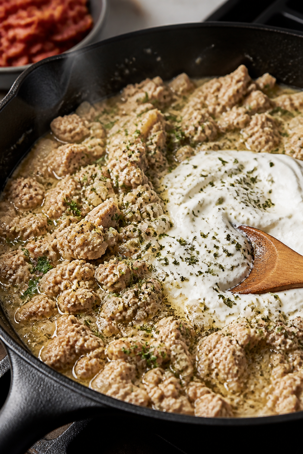 Cooking process close-up: Sautéed ground turkey with diced onions and garlic in a skillet, bacon cr