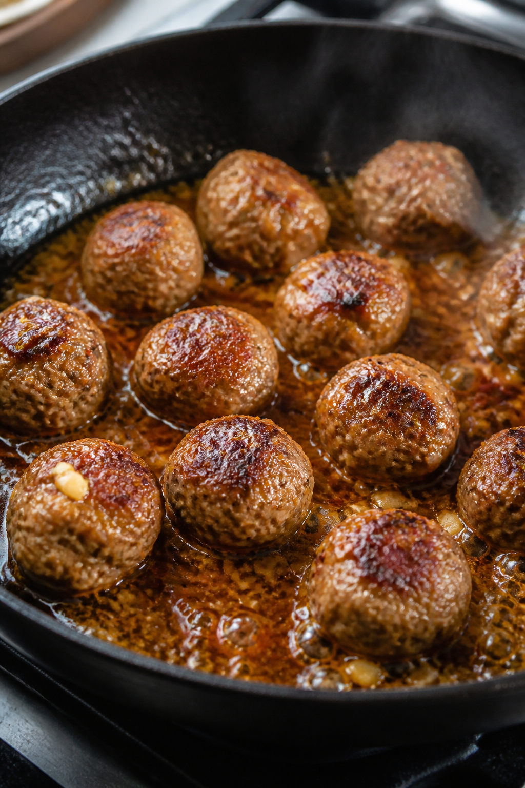 Cooking process close-up: Searing keto honey garlic meatballs in a wide black skillet, golden-brown 