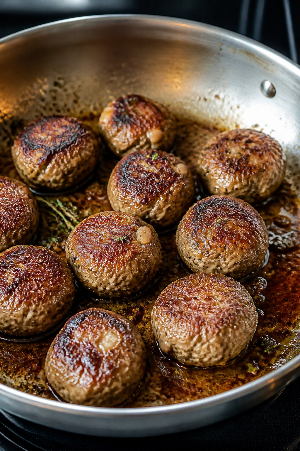 Cooking process, close-up: Searing keto mushroom Swiss meatballs in a wide stainless-steel skillet, 