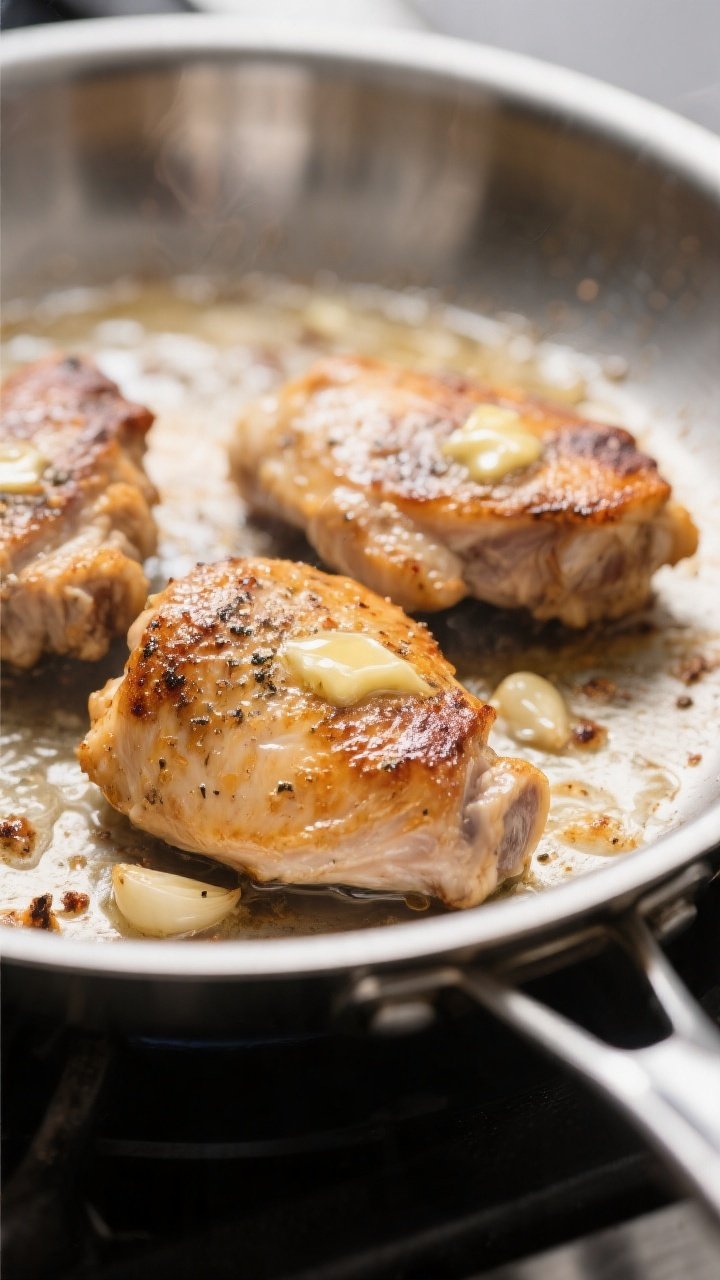 Cooking process, close-up: Searing seasoned chicken thighs in a stainless-steel skillet, lightly gol