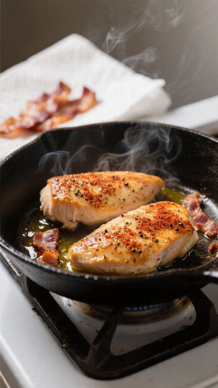 Cooking process close-up: Searing seasoned chicken breasts in a skillet with a glossy sheen of olive