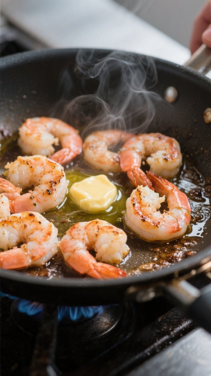 Cooking process close-up: Searing seasoned shrimp in a large skillet over medium-high heat, shrimp j