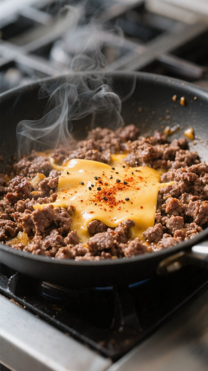 Cooking process close-up: Seasoned ground beef browning in a large skillet, cheese just starting to 