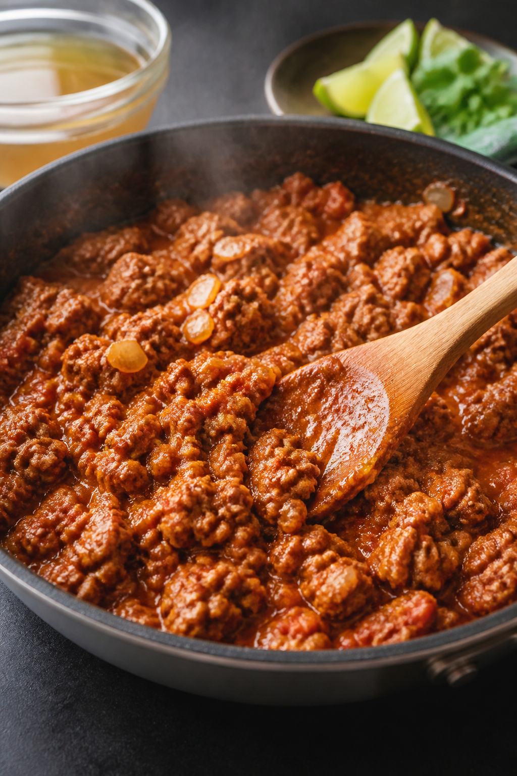 Cooking process close-up: Seasoned ground turkey simmering in a wide skillet after browning, crumble