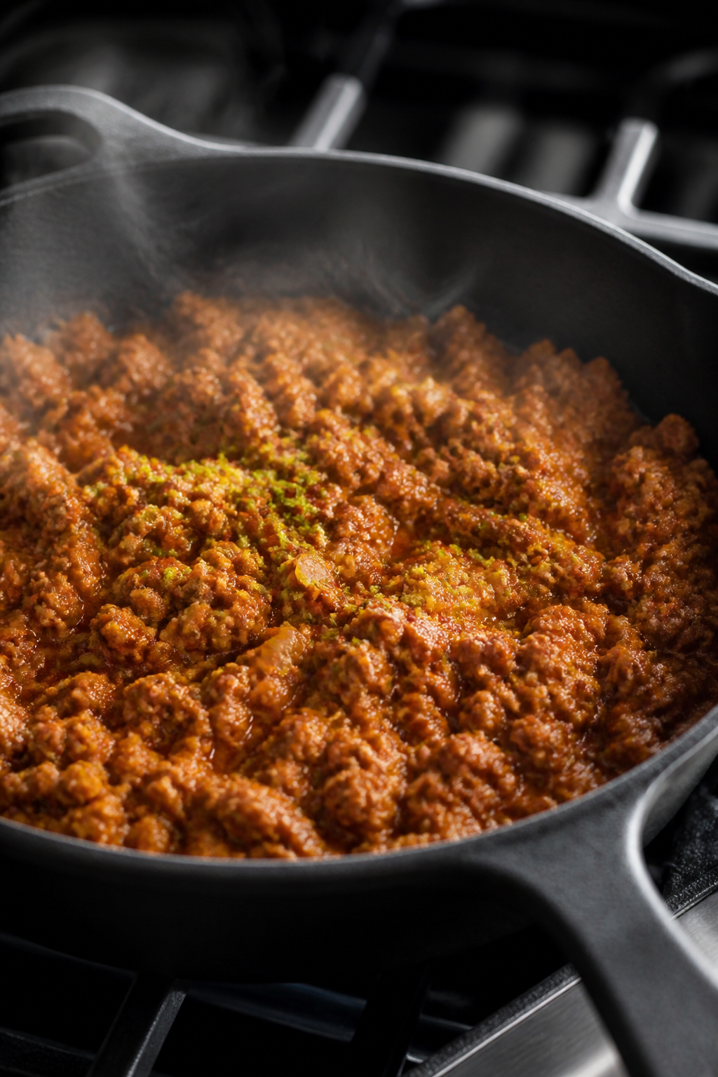 Cooking process close-up: Seasoned ground turkey taco filling simmering in a skillet, saucy not wate