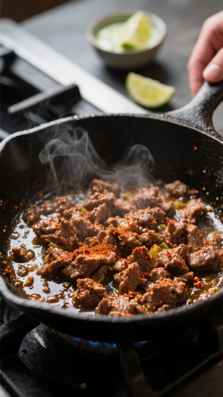 Cooking process close-up: Seasoned taco meat sizzling in a cast-iron skillet, glossy and well-coated