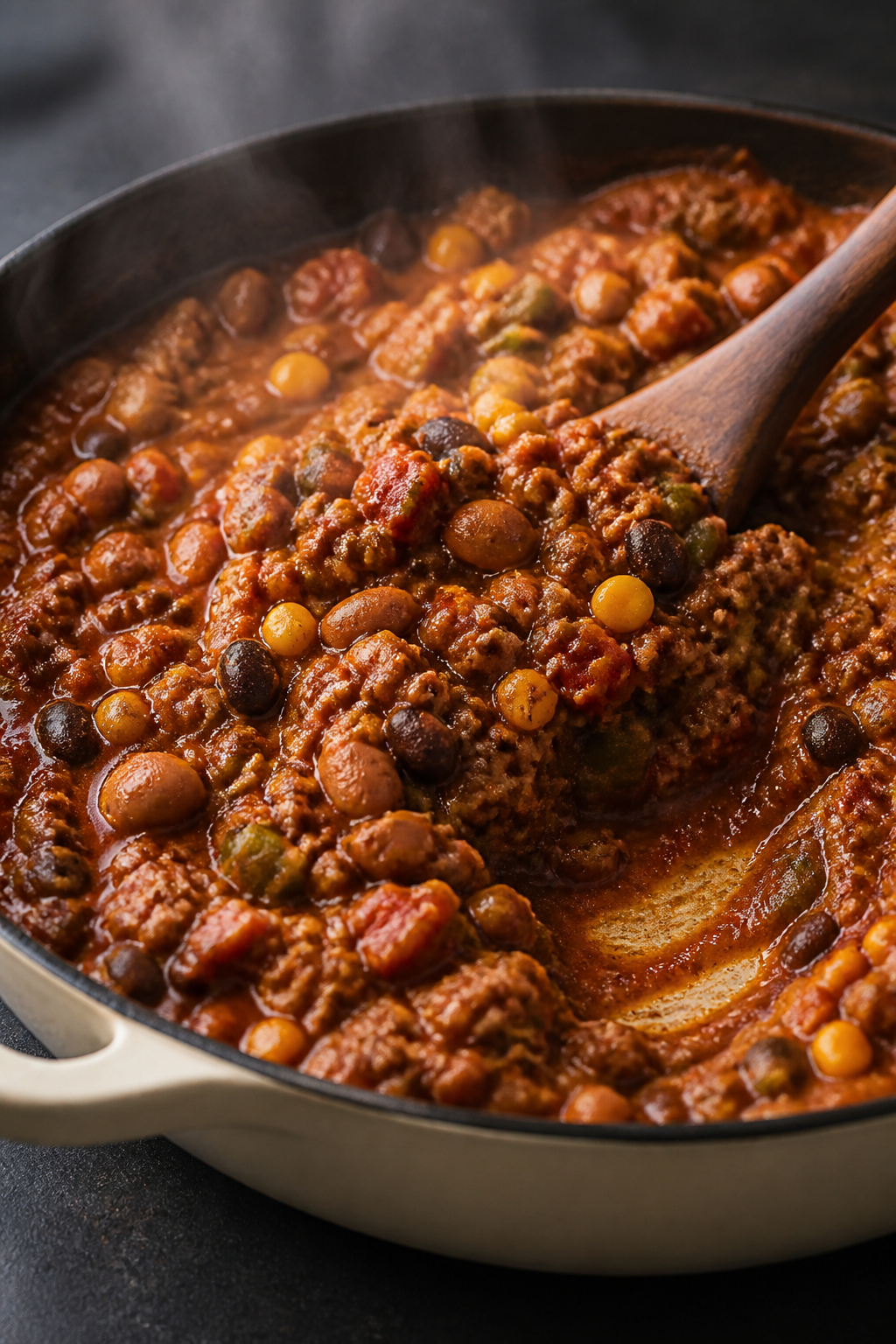 Cooking process, close-up: Shallow-depth close-up of thick, simmering ground turkey chili in a 12-in