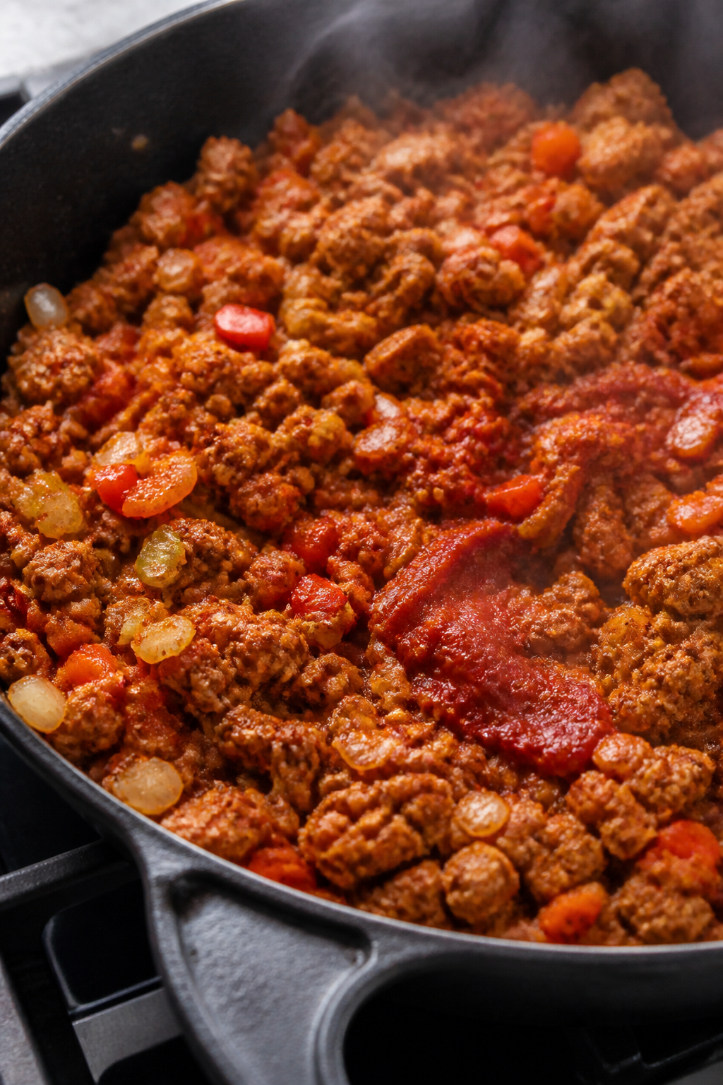 Cooking process close-up: Sizzling Cajun ground turkey and sautéed trinity in a large black skillet