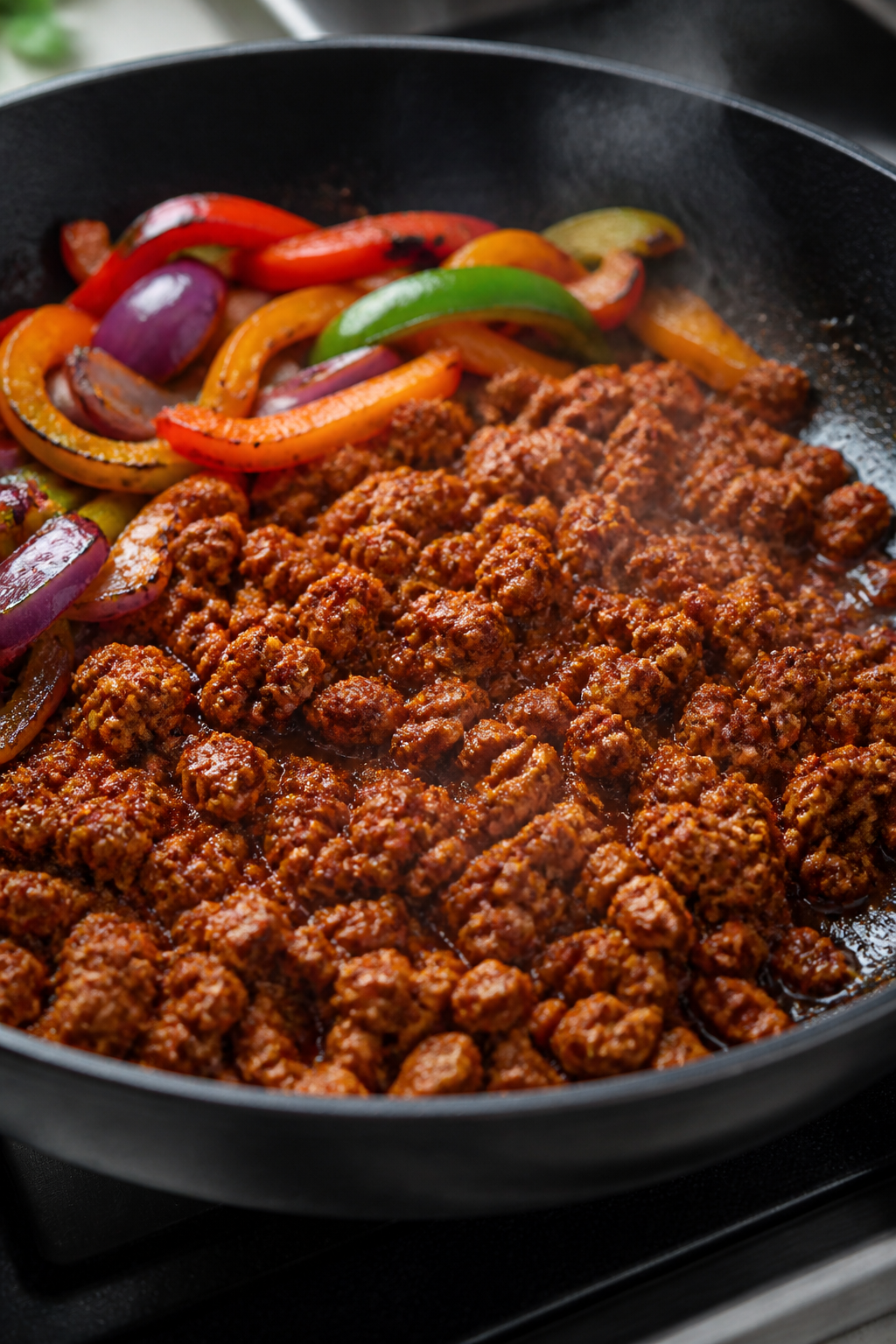 Cooking process close-up: Sizzling ground turkey in a large skillet just after seasoning and deglazi