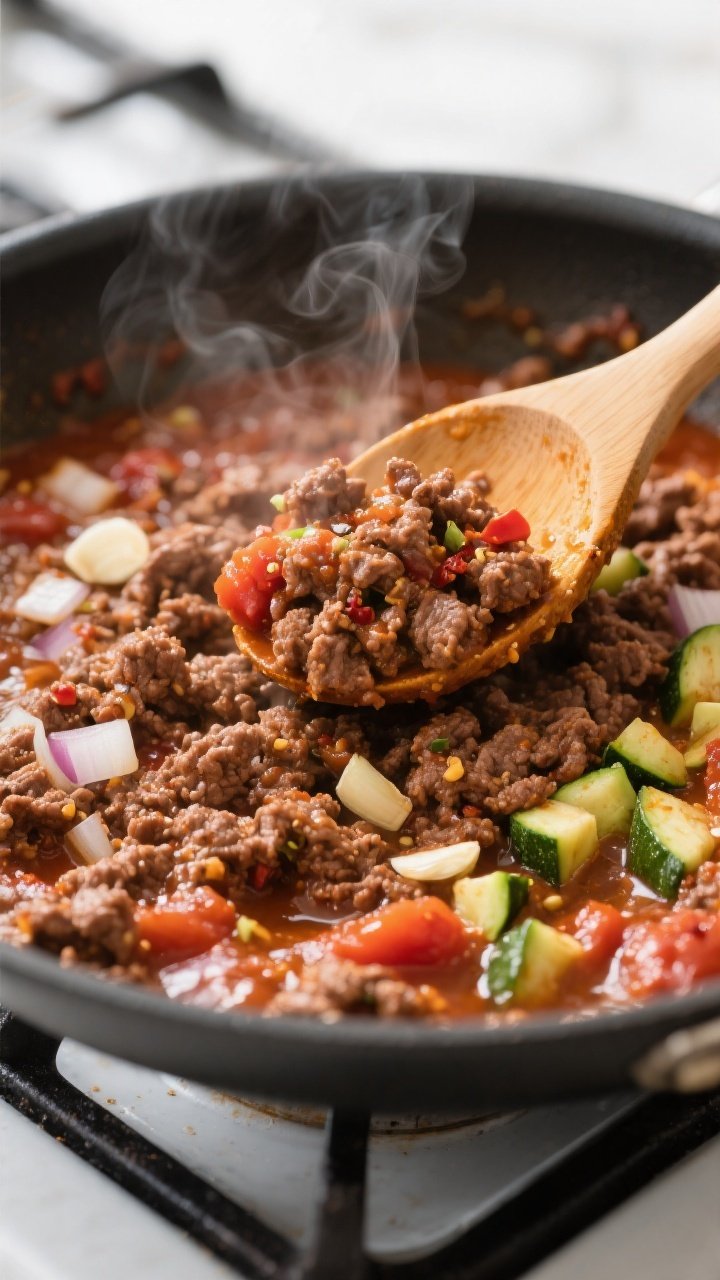Cooking process close-up: Skillet of rich, browned taco-seasoned ground beef simmering with tomato p