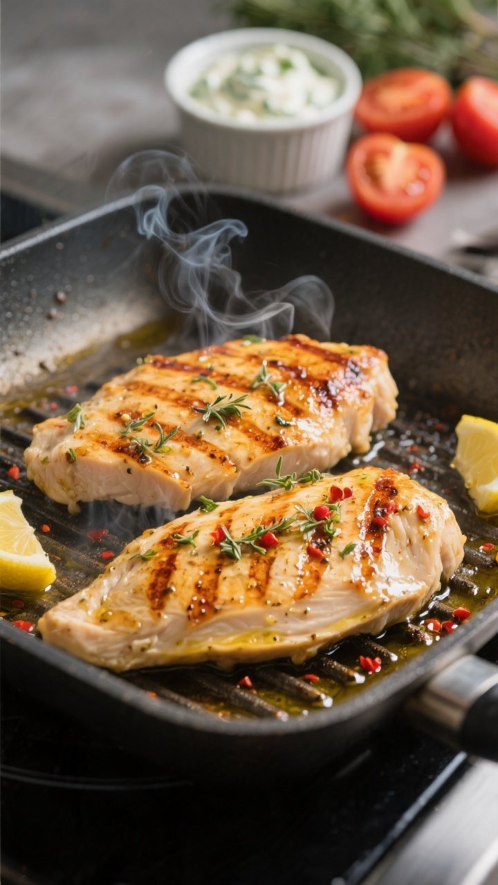 Cooking process close-up: Sliced Greek-marinated chicken breasts sizzling on a lightly oiled grill p
