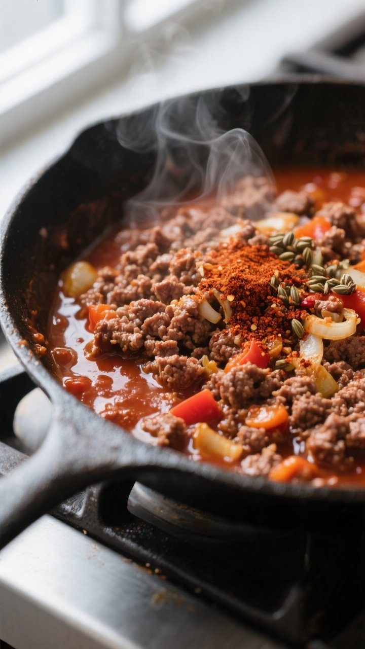 Cooking process close-up: Spiced ground beef simmering in a skillet with tomato paste and beef broth