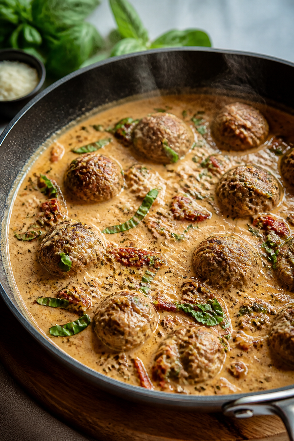 Cooking process: Creamy sun-dried tomato sauce in the same skillet just after deglazing—broth redu