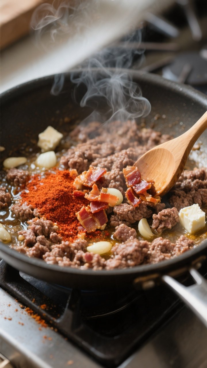 Cooking process: Ground beef sizzling in a large skillet as ranch seasoning, paprika, garlic and oni