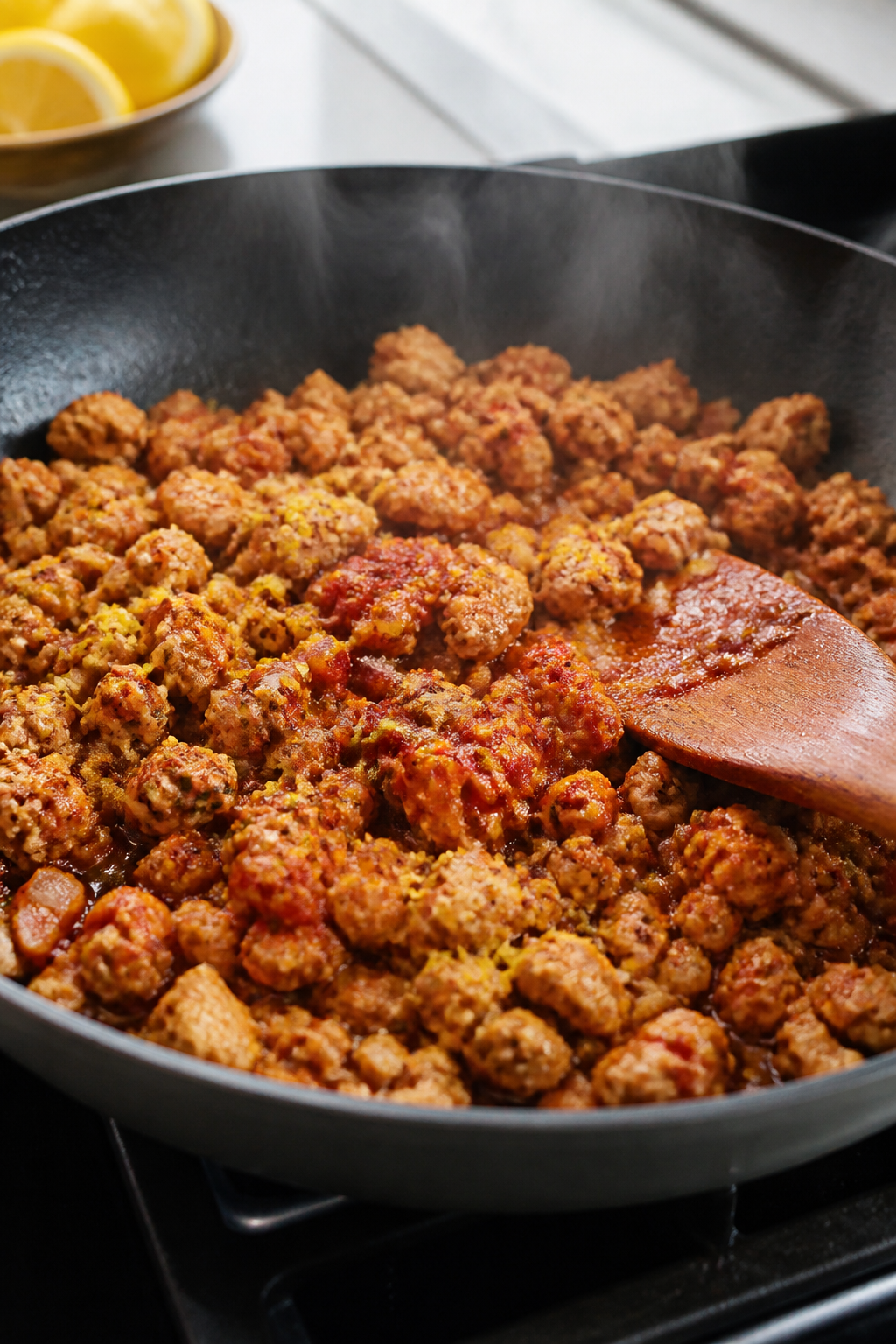 Cooking process — Ground turkey sauté with aromatics: A sizzling, shallow-pan shot of browned gro