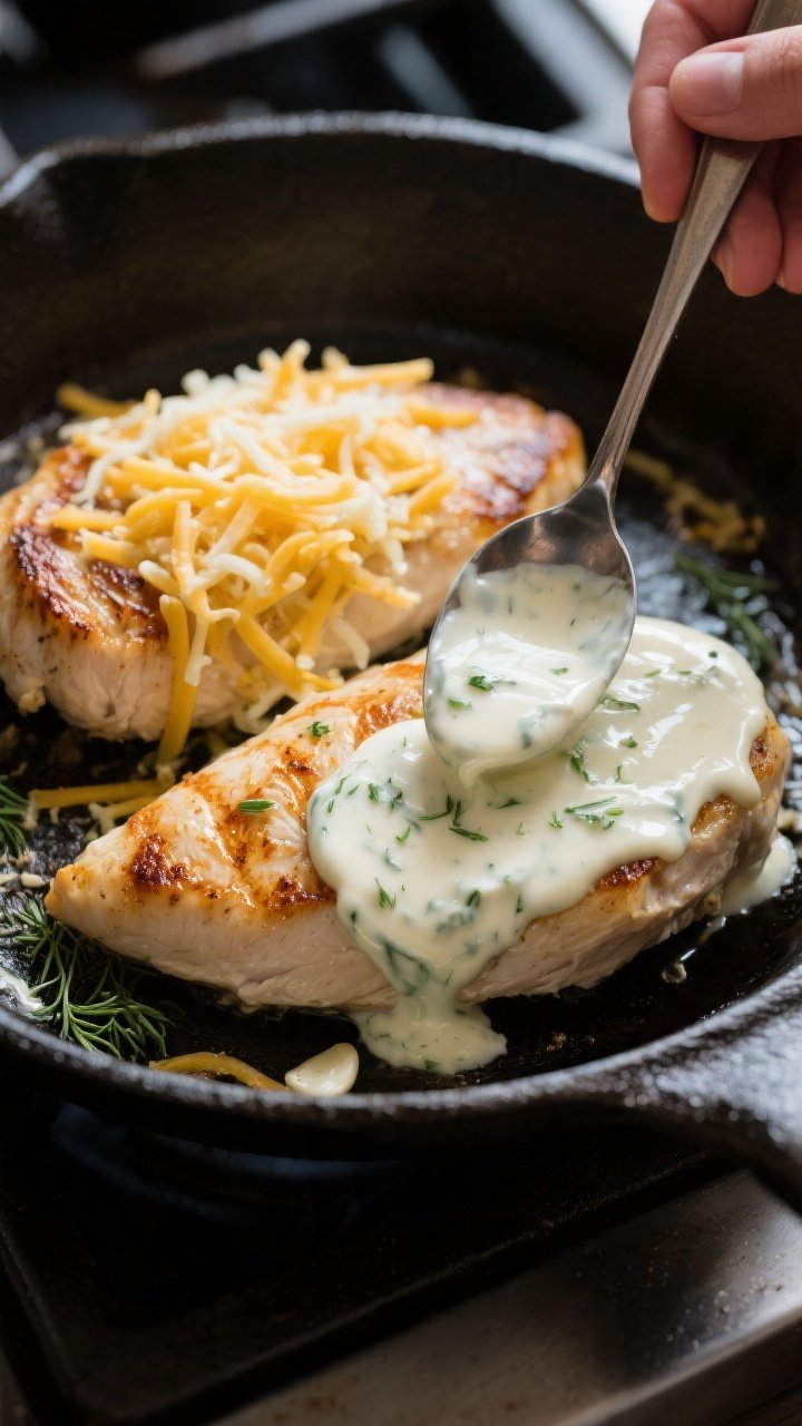 Cooking process: In-pan action shot of seared chicken breasts in an oven-safe skillet, partially cov