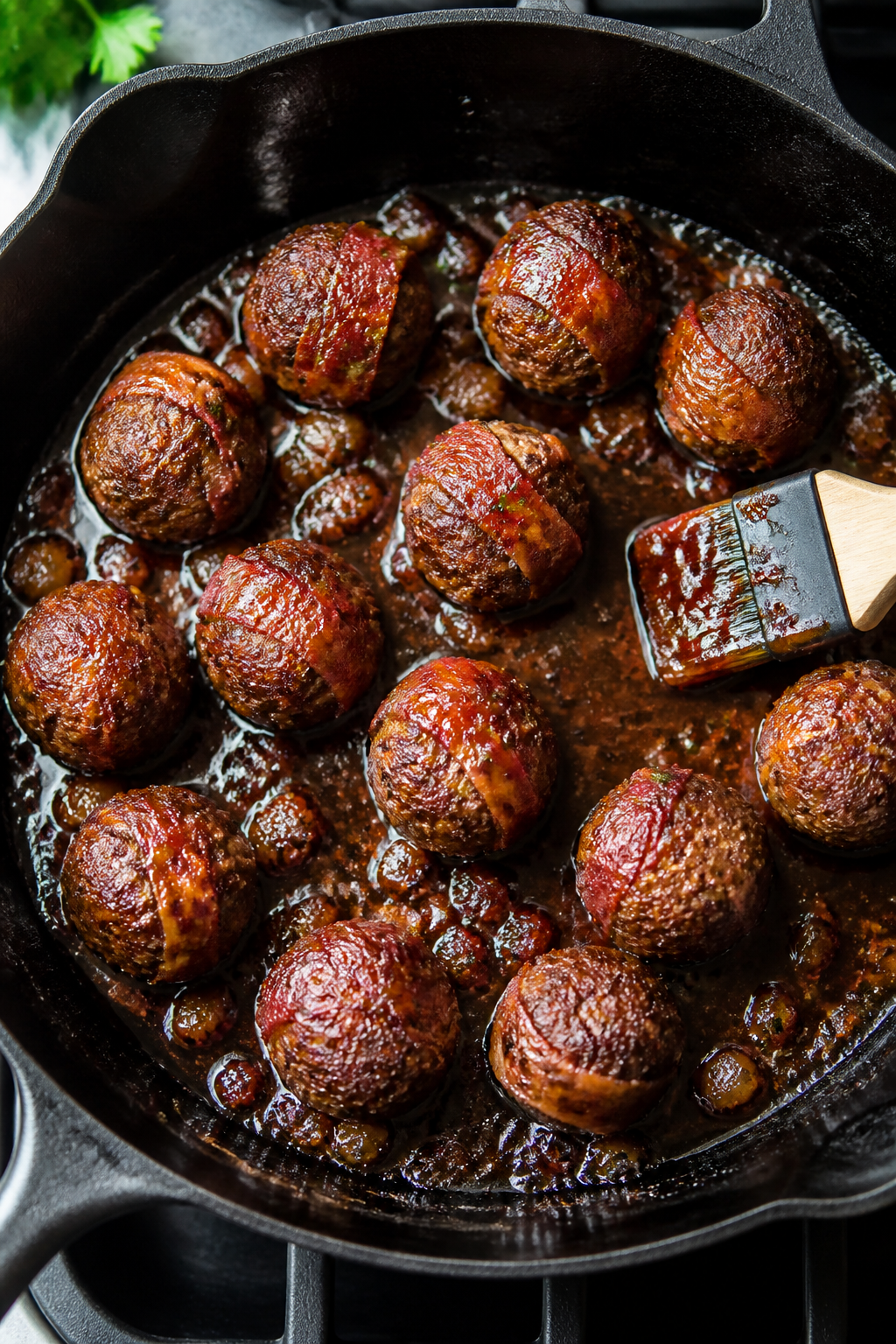 Cooking process: Keto BBQ bacon meatballs searing in a cast-iron skillet, browned on all sides with 