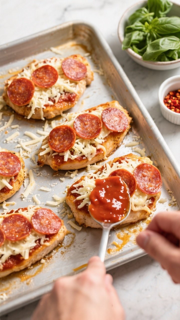 Cooking process: Keto Pizza Chicken on a greased baking dish mid-assembly—each nearly cooked chick