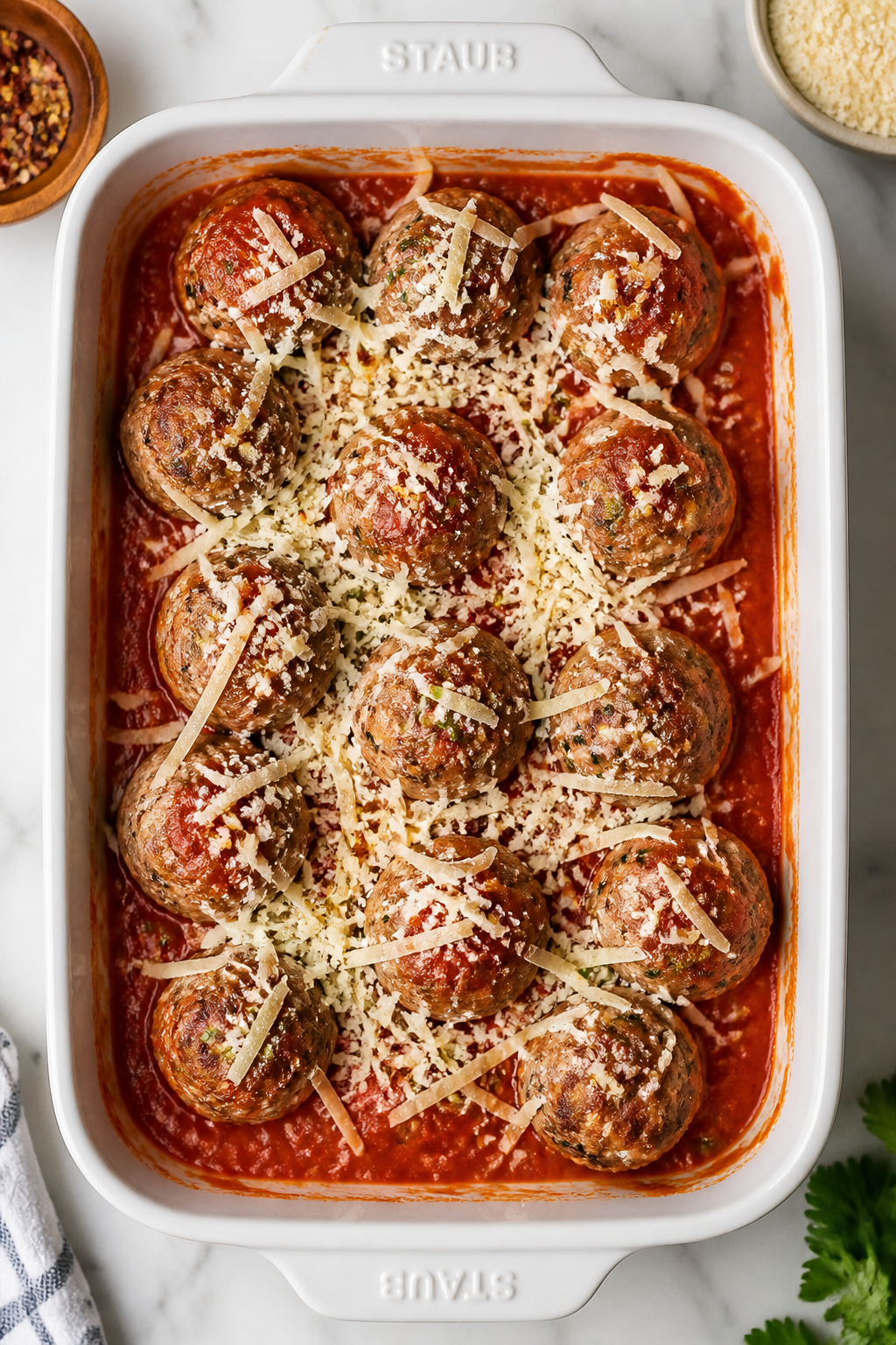 Cooking process: Meatballs being nestled into a 9x13 baking dish already spread with a thin layer of