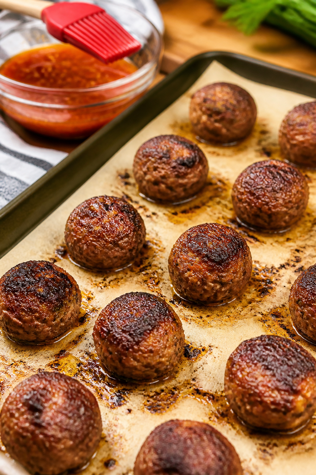 Cooking process: Meatballs broiling at the end of baking on a parchment-lined sheet pan, edges caram