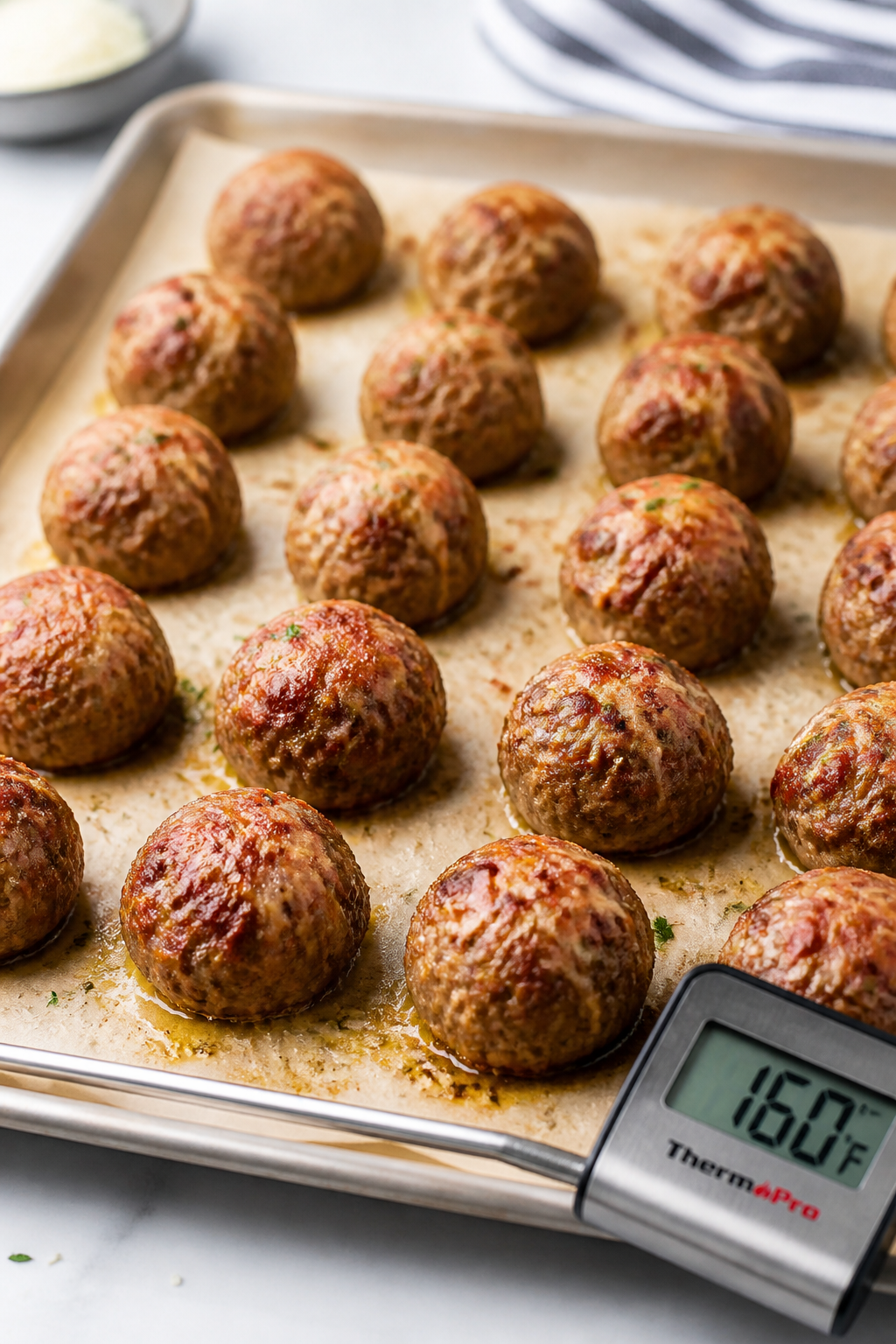 Cooking process: Meatballs broiling for extra color on a parchment-lined baking sheet, golden-brown 