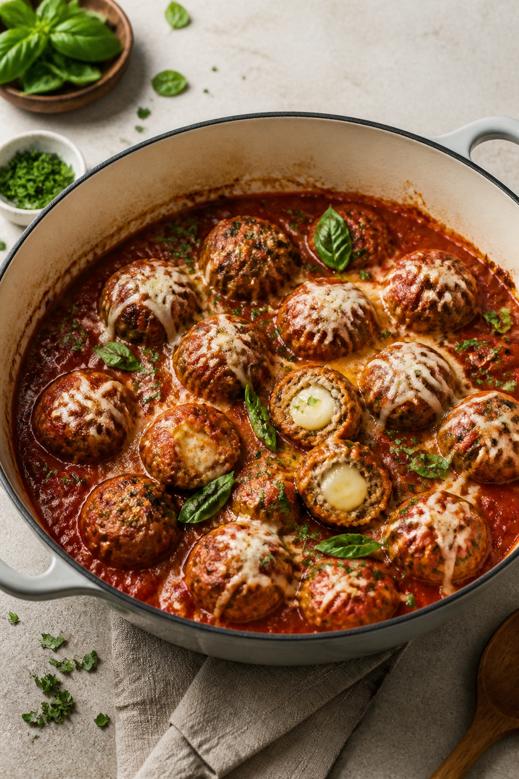 Cooking process: Meatballs mid-simmer in marinara after an oven pre-bake—plump, evenly browned sph