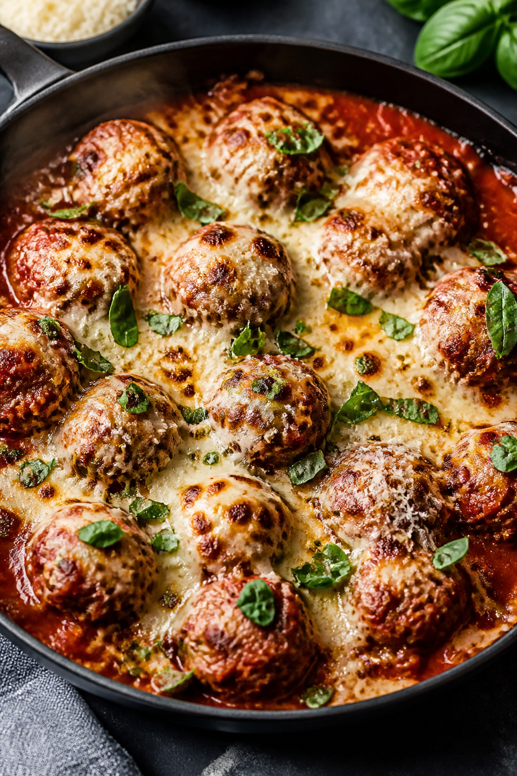 Cooking process: Meatballs nestled in a skillet of low-sugar marinara, mozzarella just melted and br